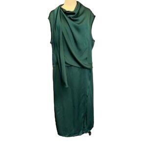 Sally Lapointe Dress 18 Green Cowl Neck Drape Luxury Old Money Belted Satin